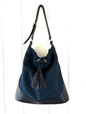 Talbots Dark Wash Denim & Leather Drawstring Bucket Bag